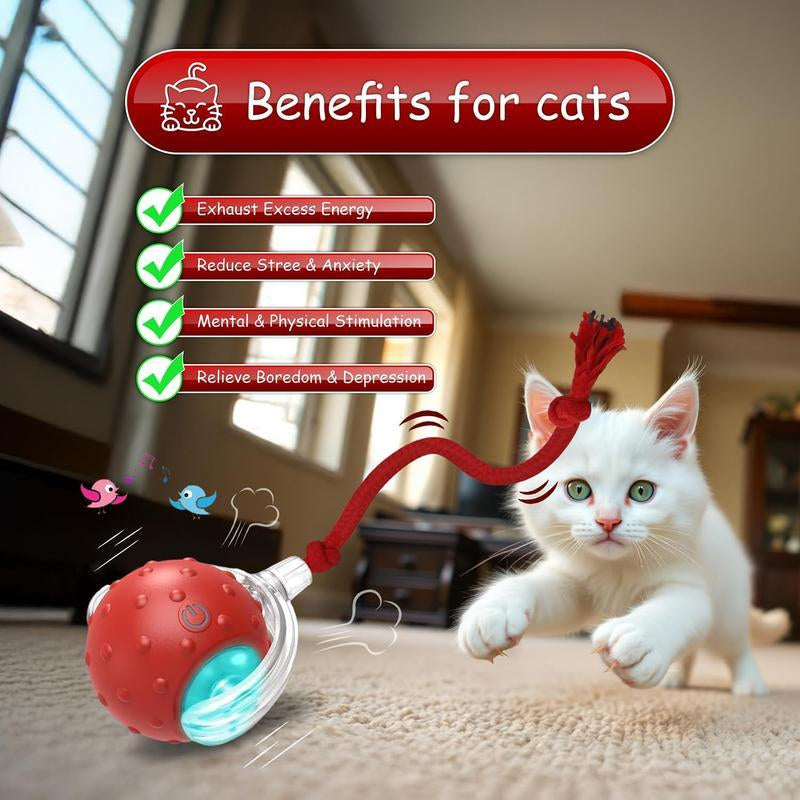 Interactive Toys for Indoor Cats, 360? Automatic Rolling Pet Ball, Rollie Pet, Electric Rolling Ball, Moving Ball with Mesh Tail, for Small Dogs-Red