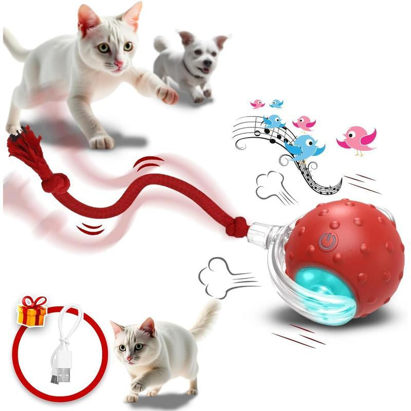 Interactive Toys for Indoor Cats, 360? Automatic Rolling Pet Ball, Rollie Pet, Electric Rolling Ball, Moving Ball with Mesh Tail, for Small Dogs-Red