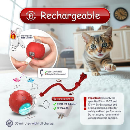 Interactive Toys for Indoor Cats, 360? Automatic Rolling Pet Ball, Rollie Pet, Electric Rolling Ball, Moving Ball with Mesh Tail, for Small Dogs-Red