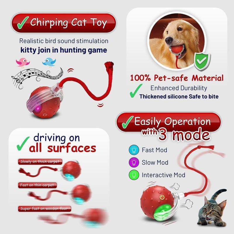 Interactive Toys for Indoor Cats, 360? Automatic Rolling Pet Ball, Rollie Pet, Electric Rolling Ball, Moving Ball with Mesh Tail, for Small Dogs-Red